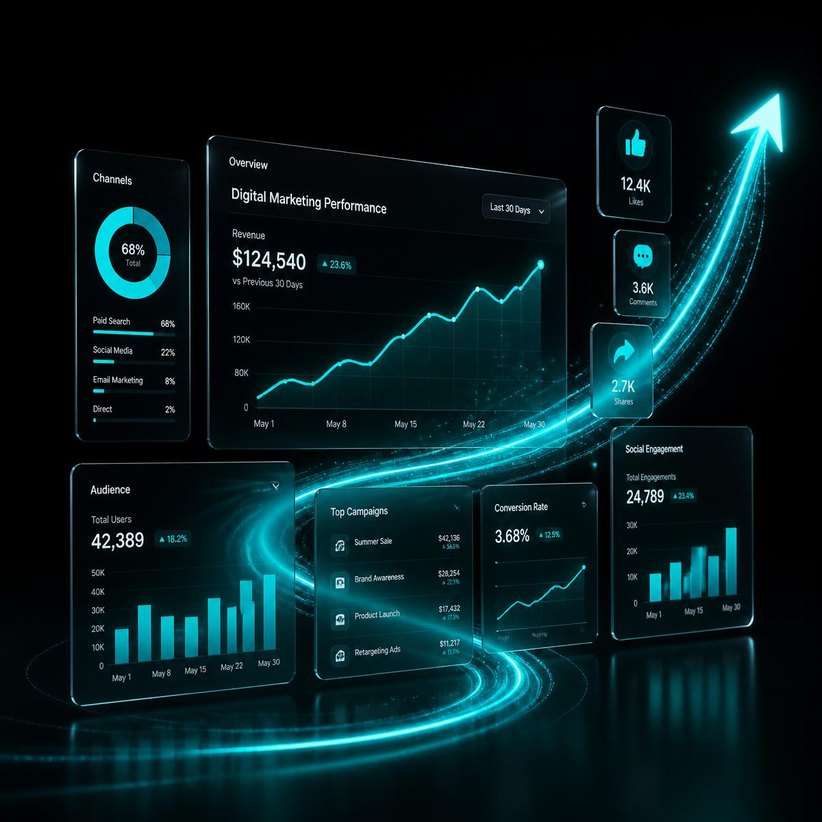 Digital marketing analytics dashboard showing campaign performance, audience growth and social engagement